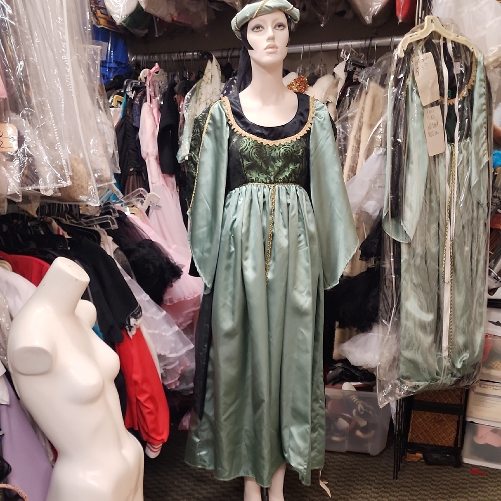 Vintage-Inspired Green and Gold Long Sleeve Renaissance/Masquerade Dress